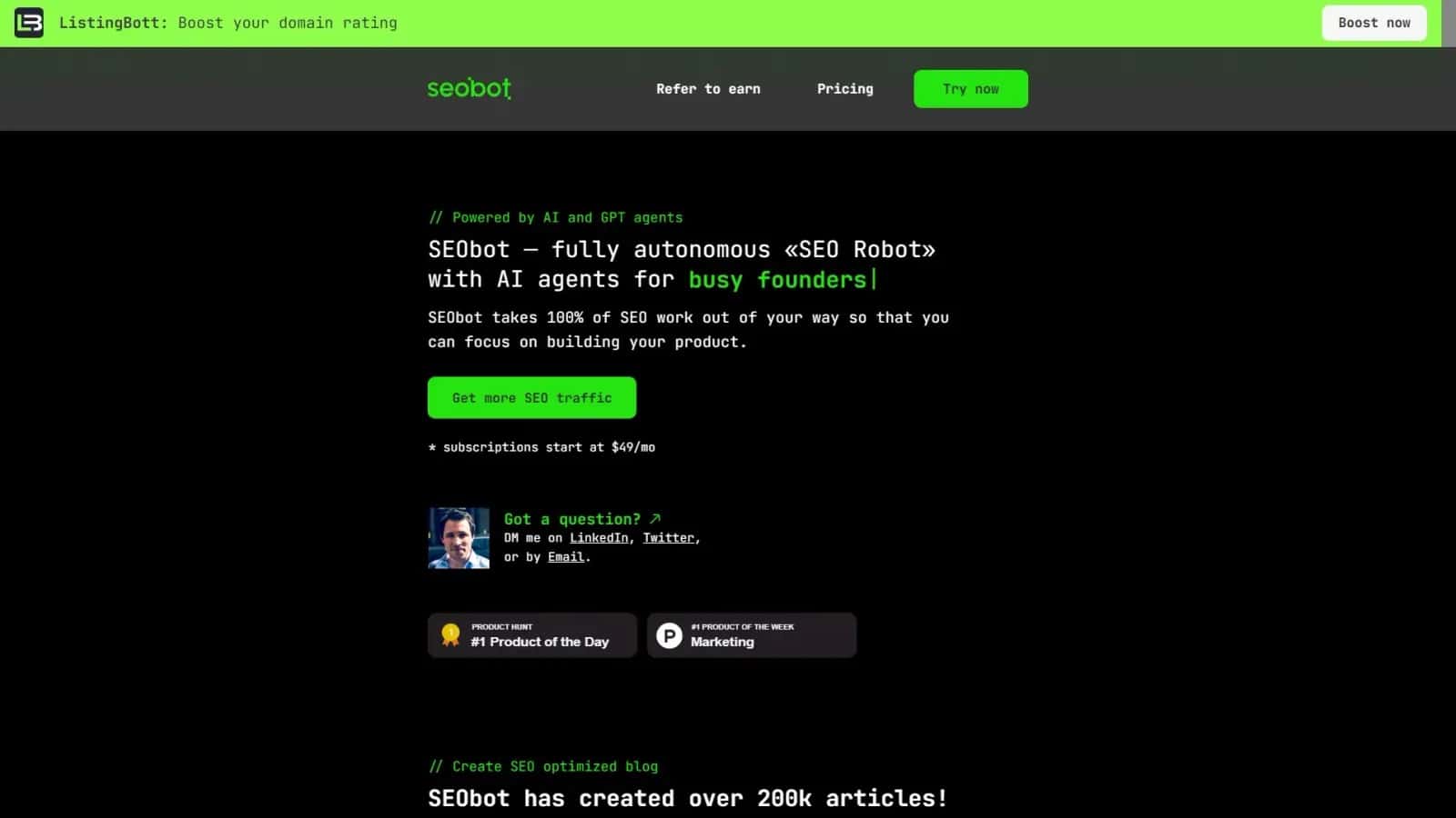 SEOBOT high-converting Artificial Intelligence landing page making $60,321/mo